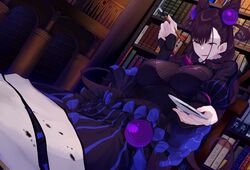  book bookshelf breasts brown_hair calligraphy_brush commentary cone_hair_bun dress fate/grand_order fate_(series) female hair_bun highres ink ink_stain kurogiri large_breasts library long_hair murasaki_shikibu_(fate) paintbrush purple_eyes scroll sleeves_past_wrists solo 