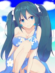  bare_shoulders bikini black_hair blue_eyes blue_hair blue_sky breasts cloud commentary_request day day_mello female floral_print hair_ribbon isuzu_(kancolle) kantai_collection large_breasts long_hair looking_to_the_side outdoors print_bikini ribbon sarong single-shoulder_bikini sky smile solo squatting swimsuit twintails 