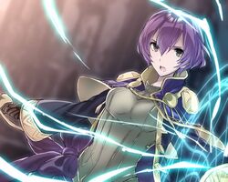  aiueo1234853 bad_id bad_twitter_id bow brown_gloves commentary_request female fire_emblem fire_emblem:_new_mystery_of_the_emblem fire_emblem_awakening gloves grey_eyes highres katarina_(fire_emblem) long_sleeves magic_circle open_mouth purple_bow purple_hair robe short_hair solo upper_body wide_sleeves 