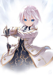  ascot black_gloves blue_eyes capriccio coat commentary_request dated female fencer_(tree_of_savior) gloves hair_between_eyes holding holding_sword holding_weapon parted_lips photoshop_(medium) rapier sheath short_hair solo sword tree_of_savior unsheathing weapon white_background white_hair 