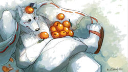  2013 4_toes anthro asian_clothing beads belly black_nose canid canine claws closed_eyes clothing crossed_legs east_asian_clothing feet food footwear fox fruit fur gingitsune gintaro hands_behind_head japanese_clothing kimono lying male mammal null-ghost on_back orange_(fruit) plant sandals scar slightly_chubby solo toe_claws toes whiskers white_body white_fur 