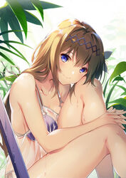  akanebi bikini blonde_hair blue_eyes breasts cleavage collarbone commentary_request female granblue_fantasy hair_between_eyes hair_ornament highres jeanne_d&#039;arc_(granblue_fantasy) jeanne_d&#039;arc_(summer)_(granblue_fantasy) long_hair looking_at_viewer medium_breasts official_alternate_costume purple_bikini see-through sideboob sitting smile solo swimsuit very_long_hair white_background 