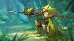  absurdres aiming armor bow_(weapon) commentary crossbow dofus english_commentary forest gloves green_gloves hat highres knee_pads krosmaga leaf_clothing long_nose nature on_one_knee one_eye_closed outdoors pauldrons photoshop_(medium) scope shoulder_armor solo wakfu weapon xaxaxa 