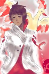  brown_eyes brown_hair candela_(pokemon) looking_at_viewer moltres pokemon pokemon_go short_hair 