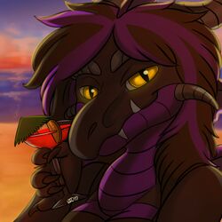  1:1 2017 alcohol anthro beach beverage big_eyes bikini black_body black_hair black_scales clothing cocktail cocktail_glass container cup digital_media_(artwork) dragon drinking_glass female glass glass_container glass_cup glowing glowing_eyes grey_horn hair highlights_(coloring) horn icon ki&#039;eruu long_hair martini may825 mythological_creature mythological_scalie mythology orange_slice purple_body purple_highlights purple_scales reptile sand scales scalie seaside sky solo summer sunset swimwear twilight umbrella water yellow_eyes 