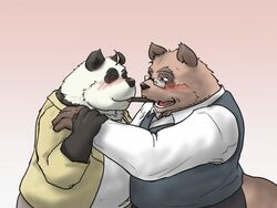  2014 4:3 anthro bear blush brown_body brown_fur canid canine clothed clothing duo eyewear food fur giant_panda glasses hug male male/male mammal ojijinotete overweight overweight_male pocky raccoon_dog shirt simple_background tanuki topwear 