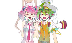  2boys 2girls akaba_ray choker goggles hiiragi_yuzu jacket jewelry multicolored_hair multiple_boys multiple_girls sakaki_yuuya shirt smile spiky_hair twintails two-tone_hair zarc_(yuu-gi-ou_arc-v) 