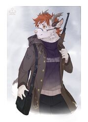  anthro biped bovid caprine clothed clothing diesel_wiesel ear_piercing eyewear female glasses goat gun hi_res horn mammal piercing ranged_weapon rifle simple_background smile solo standing suane_(suane_lightfurr) weapon 