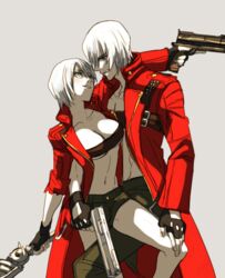  1boy 1girls bare_legs belt beltbra between_legs blue_eyes breasts capcom cleavage curvy dante devil_may_cry devil_may_cry_3 female genderbend genderswap gloves gun hotpants jacket large_breasts leg_lift legs looking_up male male_with_female muscular_male rule_63 selfcest smiling stomach straight sword white_hair 