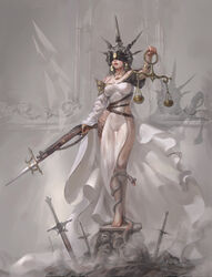  absurdres barefoot bayonet bracelet commentary_request dress earrings female full_body gun headpiece highres holding holding_gun holding_weapon jewelry mask necklace parted_lips pedestal photoshop_(medium) planted planted_sword scales shadow shaonav snake solo standing sword weapon white_dress 