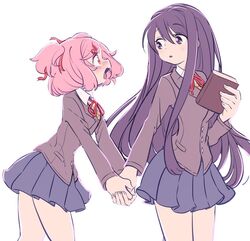  2girls blue_skirt blush book commentary doki_doki_literature_club hair_ornament hair_ribbon hairclip hand_grab holding holding_book ica_tm long_hair long_sleeves looking_at_another multiple_girls natsuki_(doki_doki_literature_club) open_mouth pink_eyes pink_hair pleated_skirt protected_link purple_eyes purple_hair red_ribbon ribbon school_uniform short_hair simple_background skirt two_side_up white_background yuri yuri_(doki_doki_literature_club) 