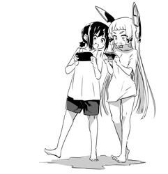  2girls :d alternate_costume barefoot commentary food fubuki_(kancolle) greyscale hair_ribbon handheld_game_console headgear kantai_collection lefthand long_hair low_ponytail monochrome multiple_girls murakumo_(kancolle) open_mouth playstation_vita popsicle ribbon shirt short_eyebrows shorts sidelocks smile t-shirt tank_top tareme tress_ribbon tsurime very_long_hair walking 