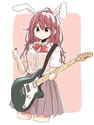  :3 animal_ears blush bow commentary_request cowboy_shot electric_guitar female furuya_reina guitar highres ibanez instrument kemonomimi_mode long_hair makoto_distortion matsuda_hikari pink_eyes pink_hair pleated_skirt plectrum rabbit_ears school_uniform skirt solo 