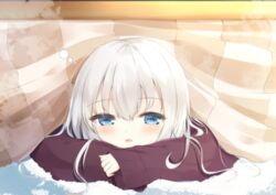  :o aties20 blue_eyes carpet coat female kotatsu open_mouth red_coat sleepy solo table under_kotatsu under_the_table white_carpet white_hair 