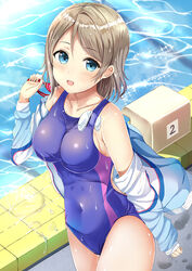  :d bare_shoulders blue_eyes blue_jacket blue_one-piece_swimsuit blush breasts caustics collarbone commentary_request competition_swimsuit covered_navel cowboy_shot day female from_above from_side goggles grey_hair hair_between_eyes hand_up highres holding holding_goggles jacket long_hair long_sleeves looking_at_viewer looking_to_the_side looking_up love_live! love_live!_sunshine!! medium_breasts morerin object_in_clothes object_in_swimsuit off_shoulder one-piece_swimsuit open_clothes open_jacket open_mouth outdoors parted_bangs pool poolside sideboob sleeves_past_wrists smile solo sparkle standing starting_block sunlight swept_bangs swim_cap swimsuit swimsuit_under_clothes taut_clothes tile_floor tiles track_jacket unworn_eyewear unworn_swim_cap watanabe_you wet wet_clothes wet_hair wet_swimsuit white_headwear white_jacket 