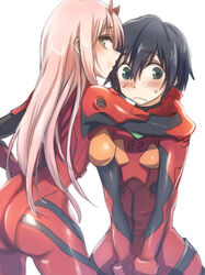  1boy ass black_hair blue_eyes blush bodysuit breasts commentary cosplay couple darling_in_the_franxx evangelion:_3.0_you_can_(not)_redo female green_eyes hand_on_another&#039;s_neck herozu_(xxhrd) hiro_(darling_in_the_franxx) horns long_hair looking_back medium_breasts name_connection neon_genesis_evangelion oni oni_horns pilot_suit pink_hair plugsuit rebuild_of_evangelion red_bodysuit red_horns science_fiction souryuu_asuka_langley souryuu_asuka_langley_(cosplay) straight sweatdrop zero_two_(darling_in_the_franxx) 