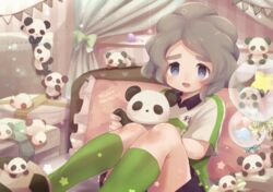  1boy bad_id bad_pixiv_id commentary_request green_socks happy_birthday highres inazuma_eleven_(series) inazuma_eleven_ares_no_tenbin kaname_mizuho light_brown_hair looking_at_viewer male_focus nebumochi purple_eyes soccer_uniform socks solo sportswear stuffed_animal stuffed_panda stuffed_toy thick_eyebrows wavy_hair 