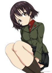  alina_(girls_und_panzer) black_skirt black_socks brown_eyes brown_hair closed_mouth commentary emblem female frown girls_und_panzer green_jacket head_tilt jacket long_sleeves looking_at_viewer miniskirt one-hour_drawing_challenge pleated_skirt pravda_school_uniform red_shirt school_uniform shibagami shirt short_hair simple_background skirt socks solo squatting thigh_grab turtleneck twitter_username white_background 