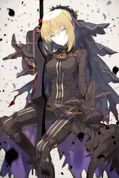  aestus_estus alter_servant alternate_color arm_support belt black_bodysuit black_gloves black_veil blonde_hair bodysuit breasts buckle chains closed_mouth commentary_request dark_bride dark_persona fate/extra fate/extra_ccc fate_(series) female frown full-length_zipper gloves hair_between_eyes hair_intakes half-closed_eyes head_tilt highres holding holding_sword holding_weapon large_breasts lock long_sleeves looking_at_viewer loose_belt nero_claudius_(bride)_(fate) nero_claudius_(fate) padlock pale_skin petals sanae_(satansanae) short_hair slit_pupils solo sword veil weapon yellow_eyes zipper zipper_pull_tab 