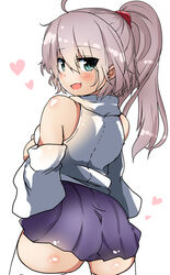  :d ahoge ass back bare_shoulders blush breasts commentary_request detached_sleeves eyes_visible_through_hair female green_eyes grey_hair heart highres looking_at_viewer looking_back lovestruck medium_breasts miniskirt mononobe_no_futo no_headwear oerba_yun_fang open_mouth pleated_skirt ponytail scrunchie skindentation skirt smile solo takimoto_yukari thick_thighs thighhighs thighs touhou 