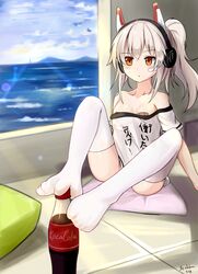  :o absurdres ass ayanami_(azur_lane) azur_lane bandaid bandaids_on_nipples bare_shoulders blonde_hair blue_sky blush bottle breasts cloud collarbone commentary_request day feet female hair_between_eyes headgear headphones high_side_ponytail highres holding_with_feet horizon indoors long_hair no_shoes ocean off_shoulder official_alternate_costume parted_lips pasties red_eyes sechka shirt short_sleeves side_ponytail sidelocks sitting sky small_breasts soda_bottle solo sunlight thighhighs thighs water white_shirt white_thighhighs 