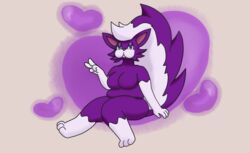  2017 anthro blue_eyes breasts fan_character featureless_breasts female fluffy fluffy_tail flying_afro fur generation_4_pokemon heart_symbol hi_res mammal mephitid nintendo pokemon pokemon_(species) pokemorph rosa_(flying_afro) skuntank slightly_chubby solo tail thick_thighs 