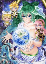  1boy 4girls aqua_hair bad_id bad_twitter_id blonde_hair blue_eyes boots bow brother_and_sister closed_eyes closed_mouth collarbone colored_pencil_(medium) detached_sleeves earth_(planet) giant giantess grin hair_ornament hairbow hairclip hatsune_miku headphones headset highres inuono_mama kagamine_len kagamine_rin leg_warmers long_hair long_skirt megurine_luka multiple_girls nail_polish panties pants pink_hair planet sailor_collar short_hair shorts siblings side_slit skirt smile space star_(sky) thighhighs traditional_media twins twintails underwear upskirt very_long_hair vocaloid 