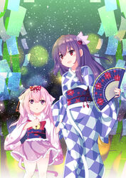  2girls :d :o absurdres animal_ears azur_lane bell blush bow cat_ears cat_girl cat_tail checkered_clothes checkered_kimono clematis_(flower) commentary crossover fingernails floral_print flower folding_fan frilled_kimono frills fur_collar hair_ornament hair_ribbon hairbow hand_fan hands_up highres historical_name_connection holding holding_fan japanese_clothes jingle_bell kantai_collection kimono kisaragi_(azur_lane) kisaragi_(kancolle) kisaragi_(new_year&#039;s_wish)_(azur_lane) long_hair long_sleeves multiple_girls name_connection nekoyanagi_(azelsynn) obi official_alternate_costume open_mouth parted_lips pink_hair pink_kimono print_bow purple_eyes purple_hair red_bow red_eyes red_ribbon ribbon sash short_kimono sidelocks smile star_(symbol) star_print tail tanabata very_long_hair wide_sleeves 