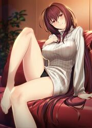  arm_support bare_legs barefoot black_panties blurry blurry_background blush breasts closed_mouth commentary_request couch covered_nipples fate/grand_order fate_(series) female futami_(mg42fw190d) hair_between_eyes hair_flowing_over hand_on_own_chest head_tilt highres indoors knee_up large_breasts long_hair looking_at_viewer panties purple_hair red_eyes ribbed_sweater scathach_(fate) sidelocks sitting sitting_on_hair smile solo sweater turtleneck turtleneck_sweater underwear very_long_hair white_sweater 