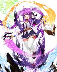  :d aether_sage_(elsword) ahoge aisha_(pixiv32170998) aisha_landar angkor_(elsword) anklet belt black_gloves black_skirt book bow bowtie breasts commentary_request daybreaker_(elsword) elsword female fingerless_gloves floating_hair footwear_bow fusion gloves hair_ornament highres holding holding_weapon jewelry leg_up long_hair looking_at_viewer metamorphy_(elsword) miniskirt neck_ribbon open_book open_mouth oz_sorcerer_(elsword) pink_bow pink_bowtie pink_ribbon pleated_skirt purple_eyes purple_footwear purple_hair rena_erindel ribbon shirt shoes simple_background skirt small_breasts smile solo standing standing_on_one_leg thighhighs twintails very_long_hair weapon white_background white_shirt white_thighhighs zettai_ryouiki 