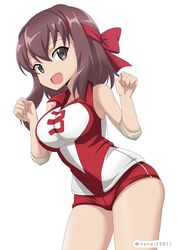  :d brown_eyes brown_hair clenched_hands commentary cowboy_shot elbow_pads female girls_und_panzer headband kondou_taeko leaning_forward looking_at_viewer one-hour_drawing_challenge open_mouth red_headband red_shirt red_shorts shibagami shirt short_hair short_shorts shorts simple_background sleeveless sleeveless_shirt smile solo sportswear standing twitter_username volleyball_uniform w_arms white_background 