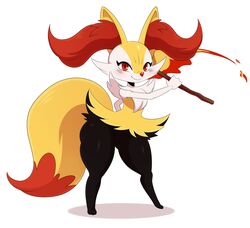  animal_ear_fluff animal_nose black_fur braixen commentary digitigrade english_commentary eric_lowery female fire fox_girl furry furry_female highres holding holding_stick long_tail multicolored_fur pokemon pokemon_(creature) red_eyes smile snout solo stick tail thick_thighs thighs white_fur yellow_fur 