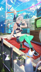  absurdres belt can candy commentary_request feline female food gorimaro green_eyes green_legwear highres lollipop long_hair midriff navel original pennant short_shorts shorts sitting solo white_hair 