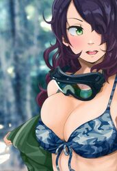  41_(taskmaster41) bare_shoulders bikini bikini_top_only black_hair blurry blurry_background blush breasts camouflage camouflage_bikini cleavage commentary_request female goggles goggles_around_neck green_eyes green_shirt grey_bikini hair_over_one_eye idolmaster idolmaster_cinderella_girls large_breasts long_hair looking_to_the_side open_clothes open_mouth open_shirt shirt solo swept_bangs swimsuit yamato_aki 