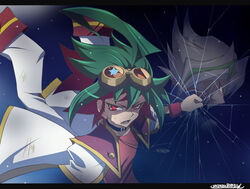  2boys choker evil goggles goggles_on_head gold_eyes multicolored_hair multiple_boys red_eyes sakaki_yuuya sky spiky_hair teeth yu-gi-oh! yuu-gi-ou_arc-v zarc_(yuu-gi-ou_arc-v) 