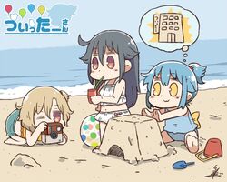  0_0 3girls :3 ahoge back_bow ball barefoot beach beachball bikini bikini_skirt black_hair blue_hair blue_one-piece_swimsuit blush_stickers bow bucket camera commentary_request copyright_name day drinking facebook facebook-san hair_flaps hair_tie holding holding_camera imagining instagram instagram-san juice_box light_brown_hair long_hair multiple_girls navel ocean one-piece_swimsuit one_eye_closed one_side_up outdoors personification red_eyes sand_castle sand_sculpture short_ponytail sidelocks signature smile swimsuit taking_picture tank_top tankini trowel tsukigi twitter twitter-san twitter-san_(character) white_bikini white_tank_top yellow_eyes 