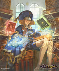  androgynous bad_id bad_pixiv_id blue_hat book bookshelf closed_eyes gender_request hat indoors magic_circle monocle official_art open_book shingeki_no_bahamut sitting taki_zen&#039;ichi tassel water watermark white_legwear window 