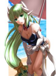  blue_one-piece_swimsuit boots bow bowtie breasts choker cleavage cloud collarbone commentary_request day elbow_gloves fate/grand_order fate_(series) female floating_hair gloves green_eyes green_hair hair_between_eyes hair_ornament hairbow holding kiyohime_(fate) kiyohime_(swimsuit_lancer)_(fate) kiyohime_(swimsuit_lancer)_(second_ascension)_(fate) knee_boots long_hair looking_at_viewer low-tied_long_hair medium_breasts ocean one-piece_swimsuit open_mouth outdoors red_bow solo swimsuit totororo very_long_hair water wet white_bow white_footwear white_gloves yellow_bow 