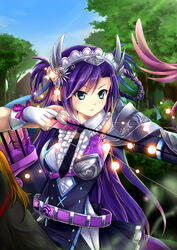  arrow_(projectile) belt blue_eyes blue_sky bow_(weapon) braid braided_hair_rings commentary_request day drawing_bow female frills gloves hair_ornament hair_rings hairband highres holding holding_bow_(weapon) holding_weapon leone_(sennen_sensou_aigis) looking_to_the_side necktie outdoors purple_hair quiver riding sennen_sensou_aigis sky solo tree weapon white_gloves yakinabe 