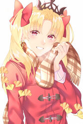  akapug621 bad_id bad_pixiv_id blonde_hair bow brown_scarf coat diadem duffel_coat earrings ereshkigal_(fate) fate/grand_order fate_(series) female grin hairbow jewelry long_hair long_sleeves looking_at_viewer red_bow red_coat red_eyes scarf simple_background smile solo twintails upper_body white_background 