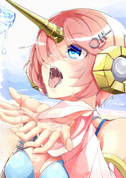  amino_dopple bad_id bad_pixiv_id bandaged_arm bandages bikini blue_bikini blue_eyes blush breasts commentary_request cupping_hands detached_sleeves fate/apocrypha fate/grand_order fate_(series) female food frankenstein&#039;s_monster_(fate) frankenstein&#039;s_monster_(swimsuit_saber)_(fate) frankenstein&#039;s_monster_(swimsuit_saber)_(second_ascension)_(fate) hair_over_one_eye horns mechanical_horns medium_breasts ocean open_mouth out_of_frame own_hands_together pink_arm_warmers pink_hair popsicle saliva sexually_suggestive short_hair single_horn solo swimsuit teeth upper_body 