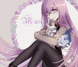  alternate_hairstyle black-framed_eyewear black_dress black_pantyhose boots brown_footwear character_name commentary_request crossed_arms dress fate/grand_order fate_(series) female floating_hair fou_(fate) glasses grey_background grey_jacket holding idass_(idass16) jacket long_hair mash_kyrielight neck_ribbon necktie open_clothes open_jacket pantyhose pleated_dress purple_eyes purple_hair red_necktie red_ribbon ribbon semi-rimless_eyewear shiny_clothes short_dress sitting smile solo striped striped_background under-rim_eyewear very_long_hair 