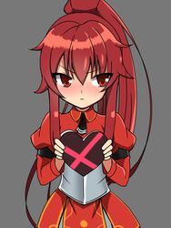  armor blush box commentary_request elesis_(elsword) elsword female gift gift_box highres long_hair ponytail red_eyes red_hair solo valentine zetsuei_(zetto) 