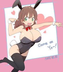  :d absurdres animal_ears black_thighhighs bow bowtie breasts brown_hair bural_chingu cleavage commentary dated detached_collar english_text female green_eyes hair_between_eyes ham_na-bi heart highres huge_breasts korean_commentary long_hair looking_at_viewer luke_(dydansgur) open_mouth playboy_bunny pointing rabbit_ears rabbit_tail smile solo tail thighhighs v-shaped_eyebrows wrist_cuffs 