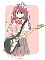  :3 blush bow commentary cowboy_shot electric_guitar female furuya_reina guitar highres ibanez instrument long_hair makoto_distortion matsuda_hikari pink_eyes pink_hair pleated_skirt plectrum school_uniform skirt solo 