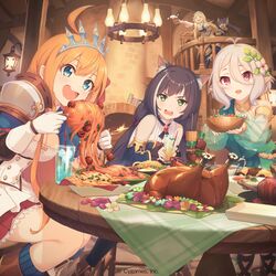  5girls ahoge animal_ear_fluff animal_ears antenna_hair armor bare_shoulders black_hair blonde_hair blue_eyes blue_hair blush bowl breasts buttons cat_ears cat_girl cleavage closed_eyes collared_shirt commentary_request company_name copyright_notice cup cygames detached_sleeves elf fireplace flower food gloves green_eyes hair_between_eyes hair_flower hair_ornament highres holding holding_bowl holding_cup holding_food karyl_(princess_connect!) kokkoro_(princess_connect!) mifuyu_(princess_connect!) multicolored_hair multiple_girls official_art open_mouth orange_hair pasta pecorine_(princess_connect!) pointy_ears princess_connect! red_eyes see-through see-through_sleeves shirt short_hair shoulder_armor sitting spaghetti streaked_hair table tiara turkey_(food) v-shaped_eyebrows white_gloves white_hair yukari_(princess_connect!) 