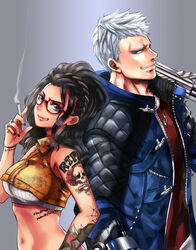  1boy arm_tattoo back-to-back black_hair black_nails blue_eyes blue_jacket breasts cigarette commentary_request crop_top devil_may_cry_(series) devil_may_cry_5 female finger_tattoo freckles glasses grey_background gun hair_pulled_back handgun height_difference holding holding_gun holding_weapon jacket jewelry lips long_hair manly mechanical_arms medium_breasts midriff multicolored_hair nagare nail_polish navel nero_(devil_may_cry) nico_(devil_may_cry) nose pendant red-framed_eyewear shoulder_tattoo silver_hair single_mechanical_arm smirk smoking streaked_hair tattoo weapon 