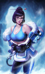  artstation_sample bare_shoulders beads belt belt_pouch black-framed_eyewear blizzard blue_gloves blue_legwear breasts brown_eyes brown_hair canister cleavage coat collarbone commentary contrapposto cowboy_shot crop_top drone female fur-trimmed_jacket fur_coat fur_trim glasses gloves hair_bun hair_ornament hair_stick image_sample jacket kilart large_breasts leggings lips looking_to_the_side machinery mei_(overwatch) off_shoulder overwatch overwatch_1 parka parted_lips photoshop_(medium) pouch print_leggings realistic removing_jacket robot short_hair sidelocks single_hair_bun snowball_(overwatch) snowflake_hair_ornament snowing solo standing swept_bangs tank_top undressing winter_clothes winter_coat 