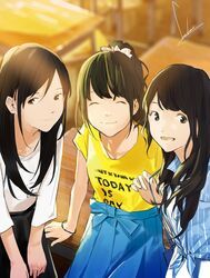  3girls :d black_eyes black_hair bracelet chair closed_eyes clothes_writing commentary_request indoors jewelry leaning_forward loundraw multiple_girls open_mouth original ponytail shirt smile t-shirt table 