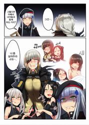  alcohol alternate_hair_color assault_rifle beret black_hair blanket blush breasts coat crying destroyer_(girls_frontline) dreamer_(girls_frontline) drunk eyepatch girls_frontline gun hat heckler_&amp;_koch highres hk416 hk416_(girls_frontline) korean m16a1_(girls_frontline) mole mole_under_eye multiple_girls nude pregnancy_test rifle saliva sangvis_ferri scar scar_across_eye smirk speech_bubble spoilers sweatdrop translated twintails weapon white_hair yellow_eyes yellowseeds yuri 